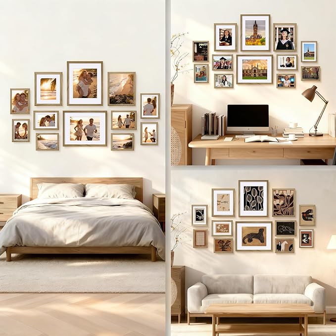 Egofine Picture Frame Set 12 Pack, Picture Frames Collage Wall Decor with Two 11x14, Two 8x10, Four 5x7, Four 4x6 for Wall and Tabletop, Made of Solid Wood, Covered by Plexiglass, Carbonized Brown
