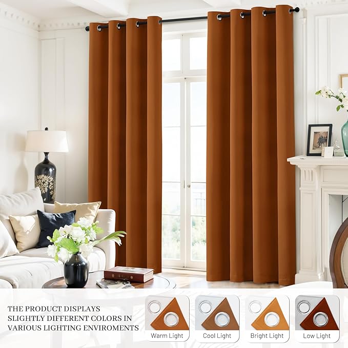 Yakamok Room Darkening 100% Blackout Curtains Grommet Window Treatments with 2 Thick Layers-Burnt Orange Thermal Insulated Drapes Set of 2 Panels for Bedroom Living Room 38 Inches by 63 Inches Length