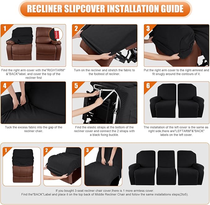 VANSOFY Recliner Cover, 3-Pieces Stretch Reclining Couch Covers with Pockets Reclining Sofa Slipcovers 3 Seater Soft Washable Furniture Protector for Dogs Cats(Black)