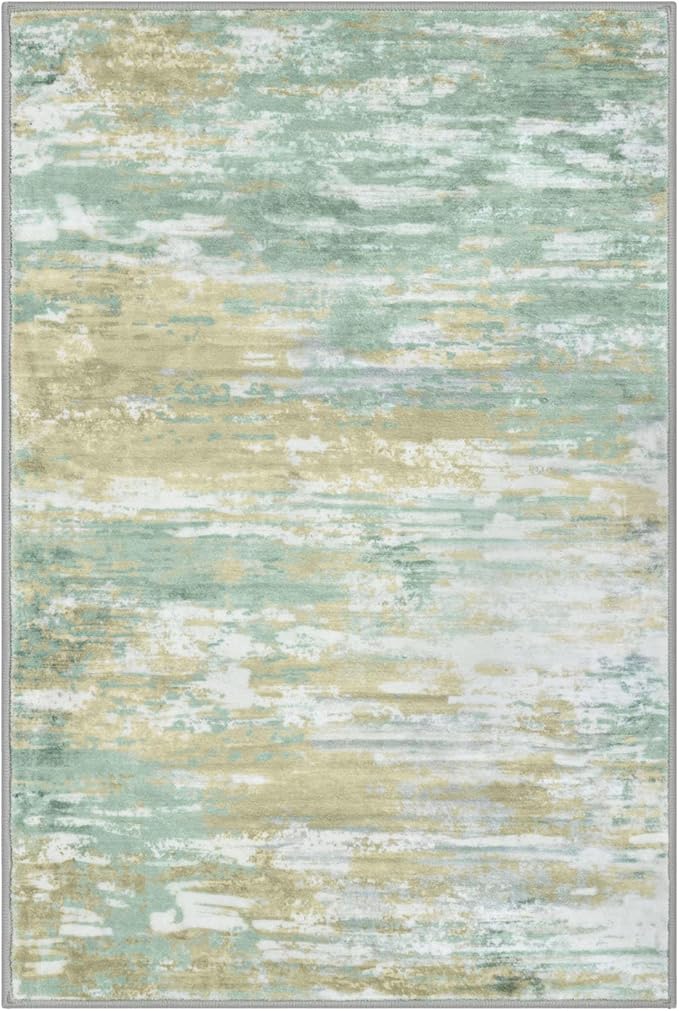 KOZYFLY Modern Abstract 3x5 Area Rug Washable Bedroom Rug Light Green Yellow, Throw Entry Mat Non-Slip Stain Resistant Carpet Dining Room Rug with Soft Low Pile for Living Room Kitchen Bath Office