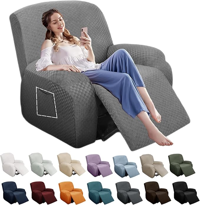 YEMYHOM 4 Pieces Stretch Recliner Slipcover Latest Jacquard Recliner Chair Cover with Side Pocket Anti-Slip Fitted Recliner Cover Couch Furniture Protector with Elastic Bottom (Recliner, Light Gray)