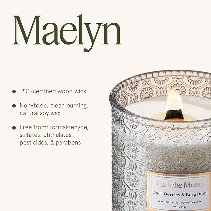 LA JOLIE MUSE Dark Berries & Bergamot Candle - Berries, Grape, Caramel | 19 oz Large Wooden Wick Candle | Natural Soy Wax | 90 Hours Clean Burn | Gift-Ready for Hosts & Gatherings | Elegant Home Décor