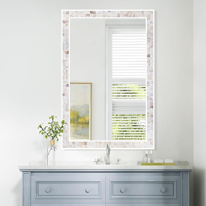 Tanmicoshomy Brown Shell Framed Rectangular Wall Mirrors for Bathroom, 30x36 Inch Mosaic Mirror for Bedroom Living Room or Entryway, Wall Mounted Horizontal or Vertical Hanging