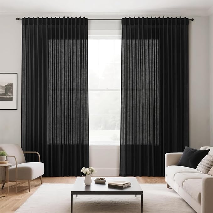 Nanspring Black Sheer Linen Curtains for Bedroom 64 Inches Long 2 Panel Sets See Through Light Filtering Back Tab Rod Pocket Short Linen Drapes for Living Room Kitchen Simple Modern Decor W52xL64