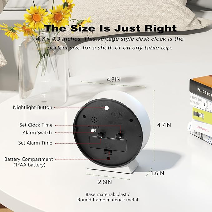 AYRELY?? 4.5" Analog Alarm Clock,Small Retro Desk Clock Battery Operated,Slient Metal Table Clock with Light for Living Room Decor,Bedroom,Bedside,Shelf (White)