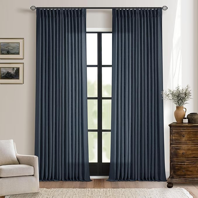 Dark Blue Linen Curtains 102 Inches Long for Living Room Pinch Pleated Drape with Hooks Rings for Track System Light Filtering 102 Inch Curtain for Bedroom Sliding Patio Door 2 Panels Navy Indigo