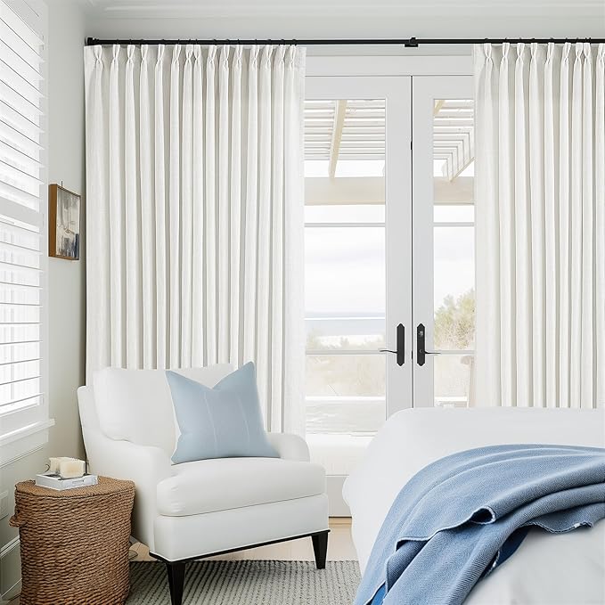 Ivory White Extra Wide Pinch Pleat Linen Curtains 84 Inches Long for Living Room Sliding Glass Door 100 Inch Wide Curtain Memory Trained Pleated Drape with Hooks Rings 100x84 Large Window Curtain