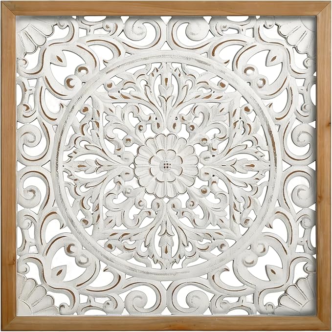 XIAOAIKA Boho Carved Wood Wall Sculpture, Intricate Floral Mandala Design with Distressed White Finish, Vintage Farmhouse Wall Art Panel with Solid Wood Frame for Bedroom Entryway (22.5" x 22.5")