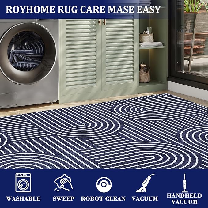 ROYHOME Modern Rug 2x6 Runners for Hallways, Abstract Kitchen Runner Rugs Non Slip Bath, Rainbow Washable Runner Rug for Bedroom, Soft Long Rugs for Entryway Bathroom Laundry Dorm, Blue