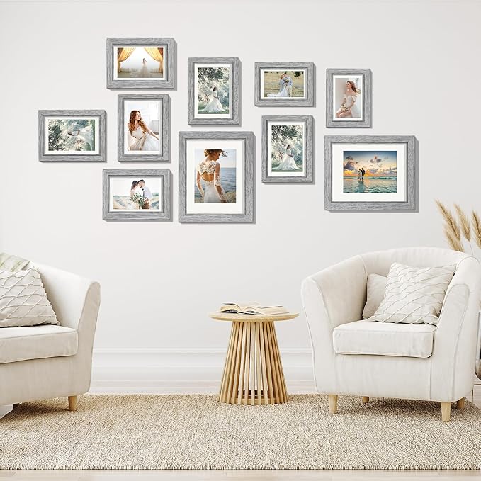 Picture Frames, Made of Real Glass and Wooden Frame, Gallery Photo Frames Set of 10 for Collage Wall Decor, Multi Sizes Including 8x10, 5x7, 4x6 for Mounting or Tabletop Display, Grey