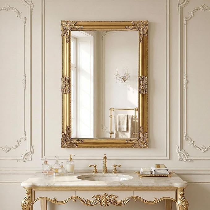 Vintage Gold Mirror for Wall, 24"x36" Antique Decorative Ornate Baroque Mirror for Living Room, Entryway, Bathroom, Fireplace