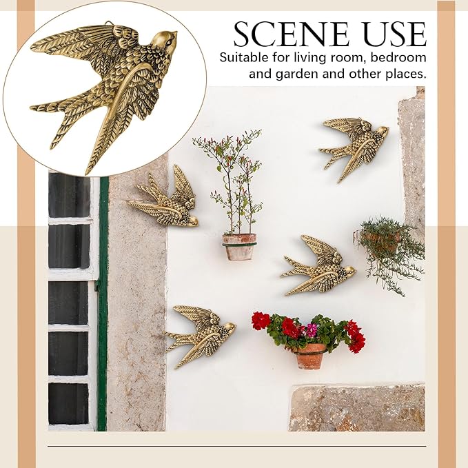 2 Pcs Vintage Bird Wall Sculpture Decor Art 6.7 Inch Antique 3D Sculpted Hanging Bird Resin Wall Art Golden Brass Floating Ornament for Living Room Garden Outdoor, Gifts for Couples Housewarming