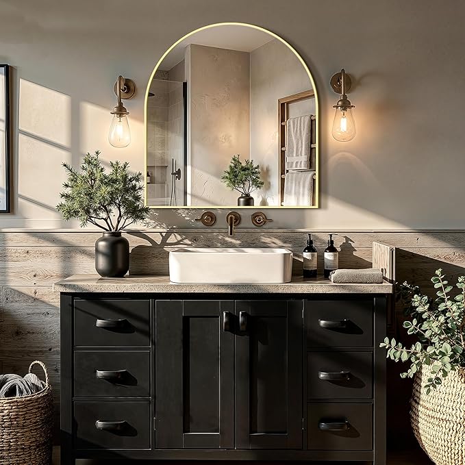 Vanity Bathroom Mirror for Wall, 32”x30” Arched Bathroom Mirror for Over Sink, Arched Metal Frame for Bedroom, Living Room, Entryway, Hanging or Leaning, Gold