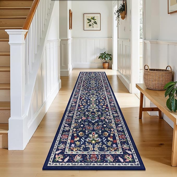 LOKHOM Washable Runner Rug, 2x8 Non-Slip Vintage Hallway Runner Rug with Rubber Backing, Boho Floral Soft Faux Wool Kitchen Rug Carpet Runner for Laundry Entryway Bedroom (Vibrant Blue)