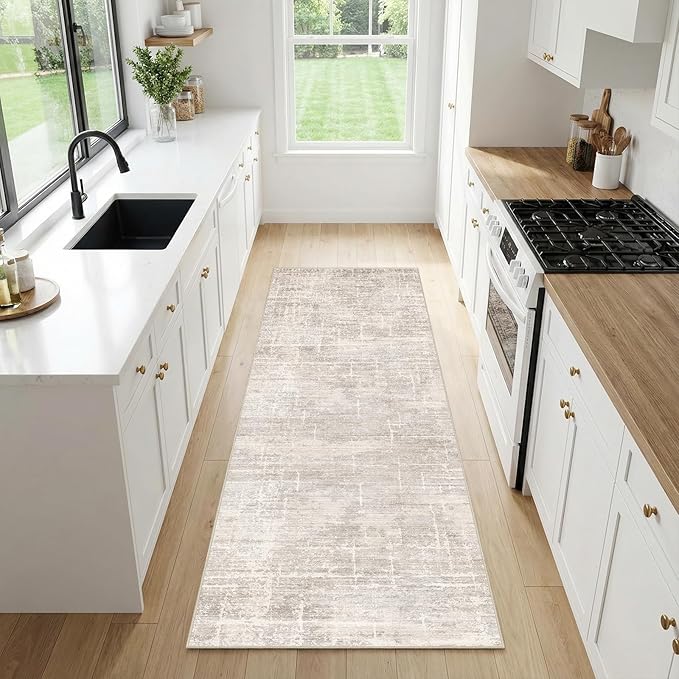 2x6 Washable Kitchen Runner Rug - Modern Abstract Neutral Carpet with Non-Slip Backing Low-Pile Stain-Resistant Thin Runners for Hallway Bathroom Bedroom Entryway (2x6, Beige)