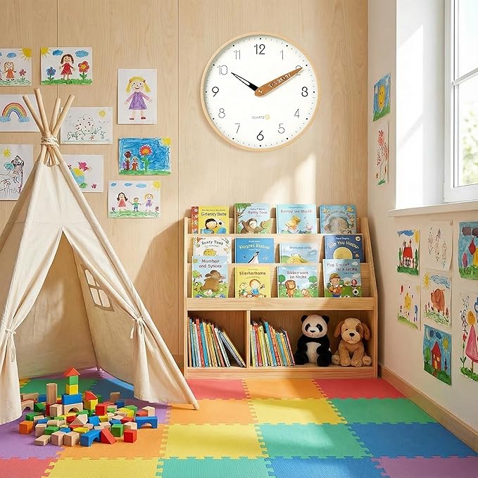 Topkey 12 Inch Silent Wall Clock for Kids - Wooden Look Non Ticking Clock, Playroom & Classroom Decor, Easy Install(Battery Operated - Light Wooden Brown