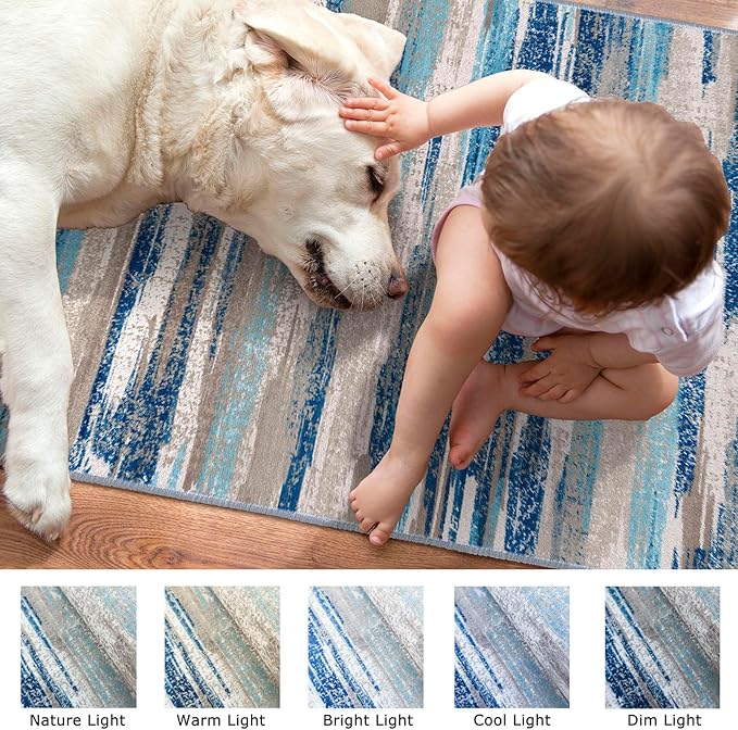 Lansny Modern Abstract Runner Rug 2.6x10, Blue Washable Long Kitchen Runner Non-Slip Soft Hallway Rug Runner Thin Print Faux Wool Carpet for Entryway Bedroom Laundry Room Indoor Home Decor