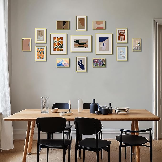 eletecpro Aluminum Gallery Wall Frame Set of 15, Including 3Pcs 8x10, 6Pcs 5x7, 6Pcs 4x6 Photo Frames for Wall or Tabletop Display, Multiple Sizes Picture Frames Collage Wall Decor, Gold