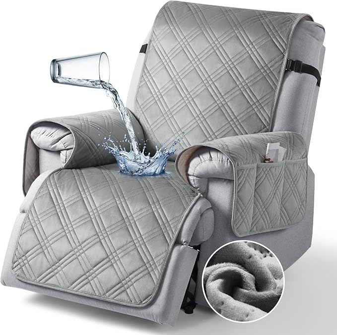 TAOCOCO 100% Waterproof Recliner Chair Cover, Recliner Covers for Recliner Chair with Pocket, Non Slip Reclining Chair Cover Furniture Protector for Kids, Pets(30'', Light Grey-Velvet)