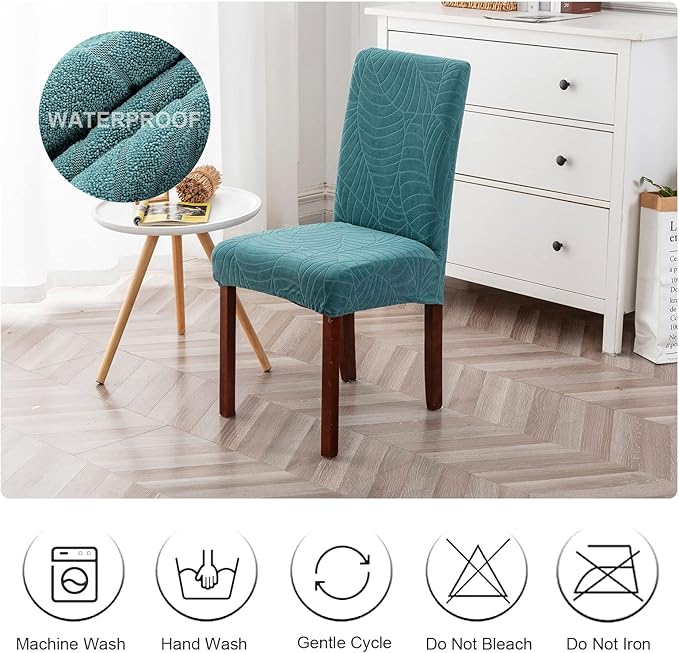 Genina Waterproof Chair Covers for Dining Room, Stretch Jacquard Dining Chair Slipcovers Removable Washable Chair Protector for Kitchen, Hotel, Restaurant (Leaves-Peacock Blue, 6 PCS)