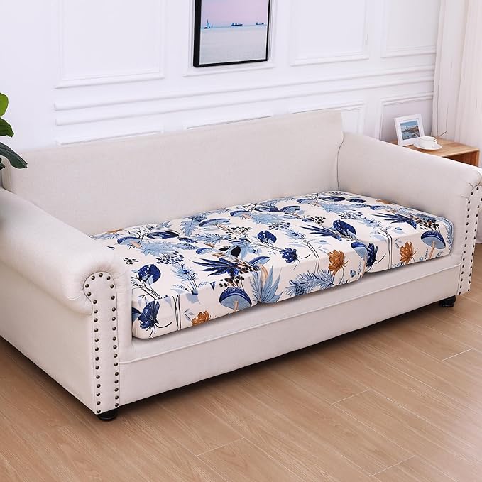 hyha Printed Couch Cushion Covers, Floral Sofa Covers Washable for 3 Cushion Couch, Stretch Pattern Outdoor Cushion Covers for Patio Furniture with Elastic Bottom(3 Packs, Mushroom Flowers)