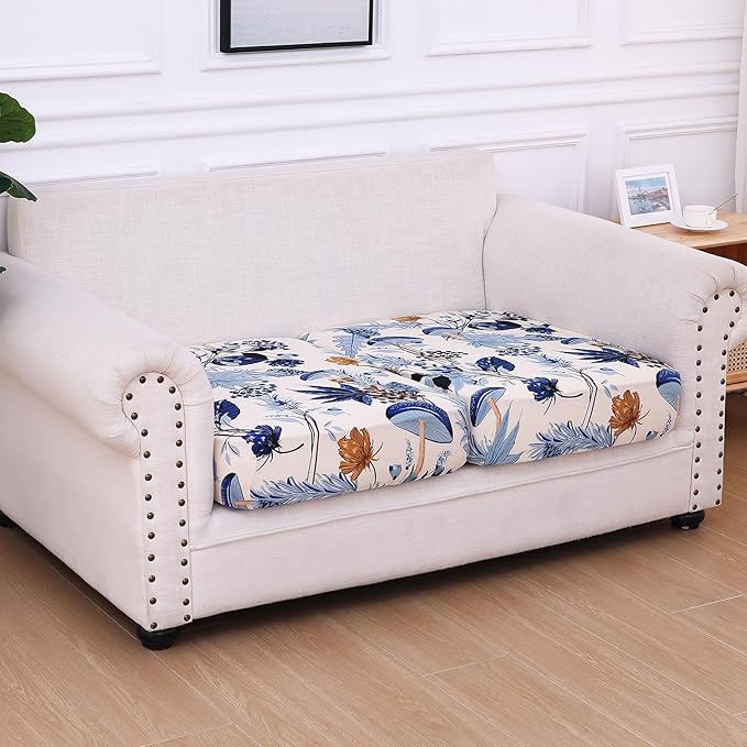 hyha Printed Couch Cushion Covers, Floral Sofa Covers Washable for 2 Cushion Couch, Stretch Pattern Outdoor Cushion Covers for Patio Furniture with Elastic Bottom(2 Packs, Mushroom Flowers)