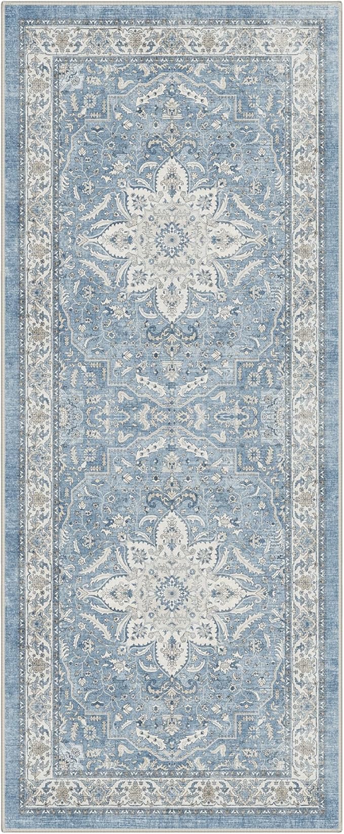 GENIMO Runner Rug for Hallways Machine Washable, 2x10 Non Slip Boho Vintage Lightweight Washable Runners, Thin Floor Rugs for Entryway Hallway Bathroom Laundry Room Corridor, Blue