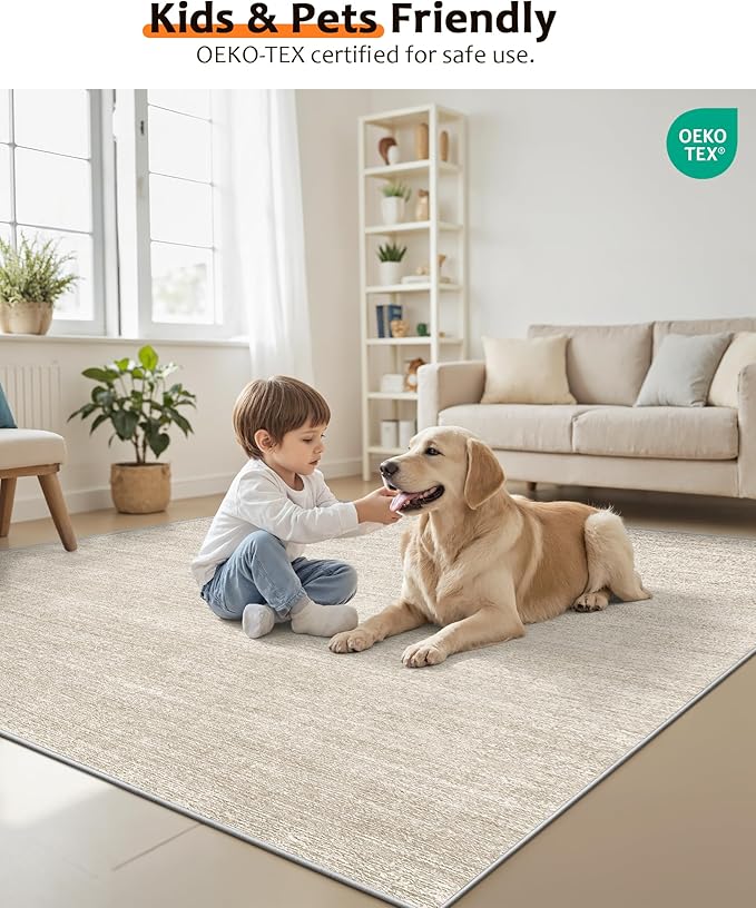 Art&Tuft Washable Rugs 5x7, Low Pile Area Rugs for Living Room - Non Slip and Stain Resistant Soft Thin 5x7 Rug for Bedroom, Dining Room, Kitchen, Office, Beige