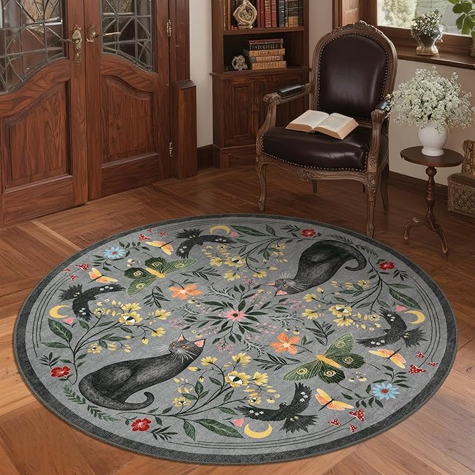 GarveeHome Round Area Rugs 5ft for Bedroom, Cat Grey Washable Circle Rug Soft Non Slip Mushroom Floral Floor Mat Carpet Indoor Thin Rug for Bedroom Dining Room Playroom Nursery Gothic Decor