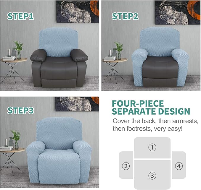 YEMYHOM 4 Pieces Stretch Recliner Slipcover Latest Jacquard Recliner Chair Cover with Side Pocket Anti-Slip Fitted Recliner Cover Couch Furniture Protector with Elastic Bottom (Recliner, Light Blue)