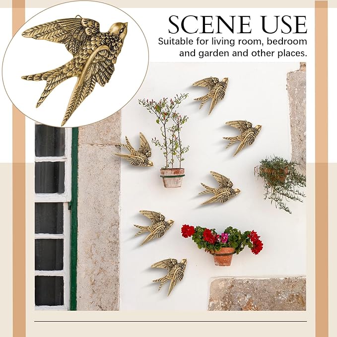6 Pcs Vintage Bird Wall Sculpture Decor Art 4.7 Inch Antique 3D Sculpted Hanging Bird Resin Wall Art Golden Brass Floating Ornament for Living Room Garden Outdoor, Gifts for Couples Housewarming