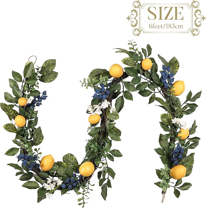 Valery Madelyn 6ft Pre-Lit Lemon Garland with Greenery, Thick Spring Summer Garland for Mantle with Lights, Artificial Fruit Vine for Stairs Fireplace Table, Farmhouse Kitchen Home Wall Party Decor