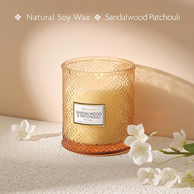 Sandalwood & Patchouli Scented Candles, 19oz Luxury Gifts for Women, Christmas Winter Decorative Glass Candles, Natural Soy Wax for Home Fragrance