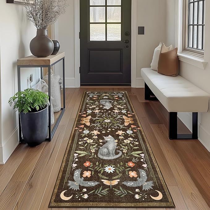 GarveeHome 2.5x8 Cat Washable Runner Rug for Hallway, Soft Brown Long Kitchen Runner Non Slip Mushroom Insect Entryway Rug Floral Laundry Mat Stain Resistant Carpet for Bathroom Beside Rug