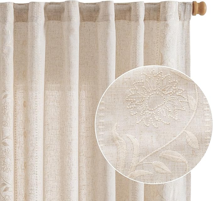 jinchan Winslow Linen Curtains for Bedroom 72 Inches Length Embroidered Bordered Floral Curtains for Living Room Farmhouse Decor Light Filtering Window Treatments Ivory on Beige Drapes 2 Panels