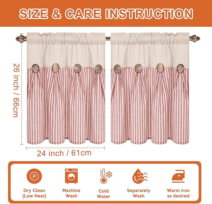 ASPMIZ Linen Kitchen Curtains 24 Inch Length, Farmhouse Boho Button Kitchen Window Curtain Over Sink, Orange Stripe Short Curtains for Small Windows, Bathroom, Rod Pocket Window Treatment Tiers