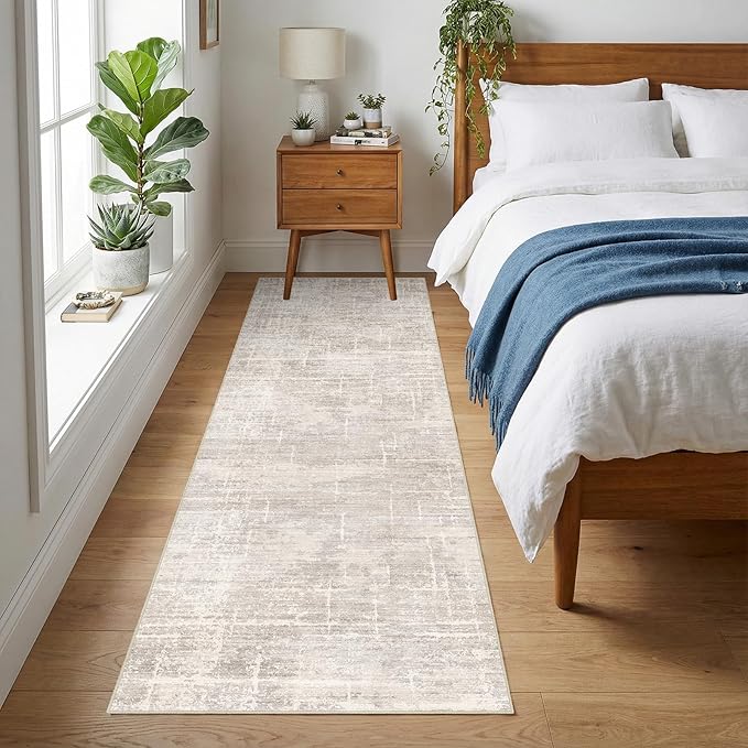 2x8 Washable Kitchen Runner Rug - Modern Abstract Neutral Carpet with Non-Slip Backing Low-Pile Stain-Resistant Thin Runners for Hallway Bathroom Bedroom Entryway (2x8, Beige)