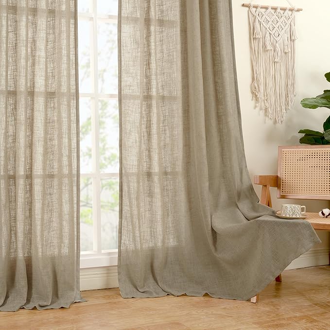 LAMIT Taupe Linen Curtains 24 Inch Length for Cafe, Semi Sheer Light Filtering Panels Back Tab and Rod Pocket Small Window Drapes for Basement, 2 Panels, 34 x 24 Inch