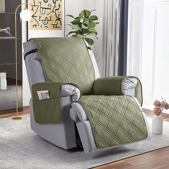 TAOCOCO Waterproof Recliner Chair Covers 30 Inch Wide, Oversized Recliner Covers for Recliner Chair with Pocket, Recliner Slipcovers with Straps Furniture Protector for Kids Pets (30'', Green)