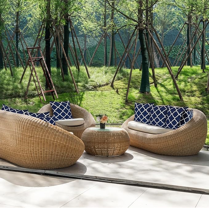 JMGBird Water-Resistant Outdoor Pillows Set of 2, 18x18 inch Durable Navy Blue Grid Pattern Throw Pillows with Inserts for Patio Furniture
