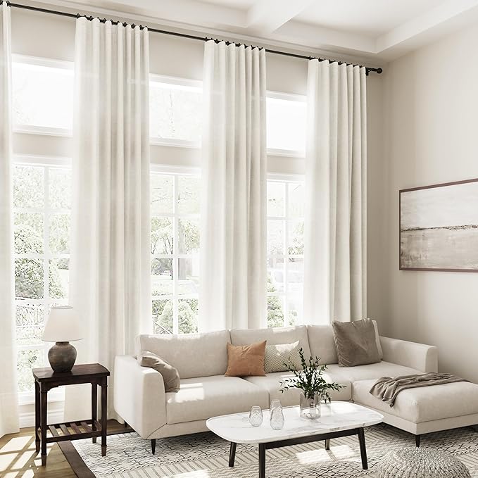 Cream Linen Curtains 142 Inches Long for Living Room Extra Long Back Tab Curtains Neutral Farmhouse Light Filtering Semi Sheer Linen Drapes Ceiling to Floor for Large Window 2 Panels Set 52x142