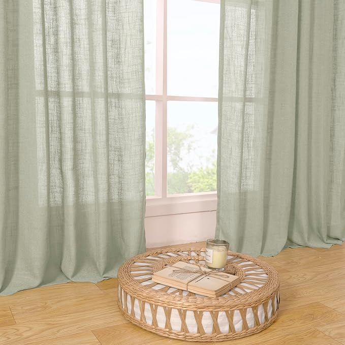 LAMIT Sage Grey Sheer Linen Curtains, 108 inch Light Filtering Semi Sheer Panels Back Tab and Rod Pocket Farmhouse Rust Drapes for Bedroom/Living Room, 2 Panels, 52 x 108 Inch