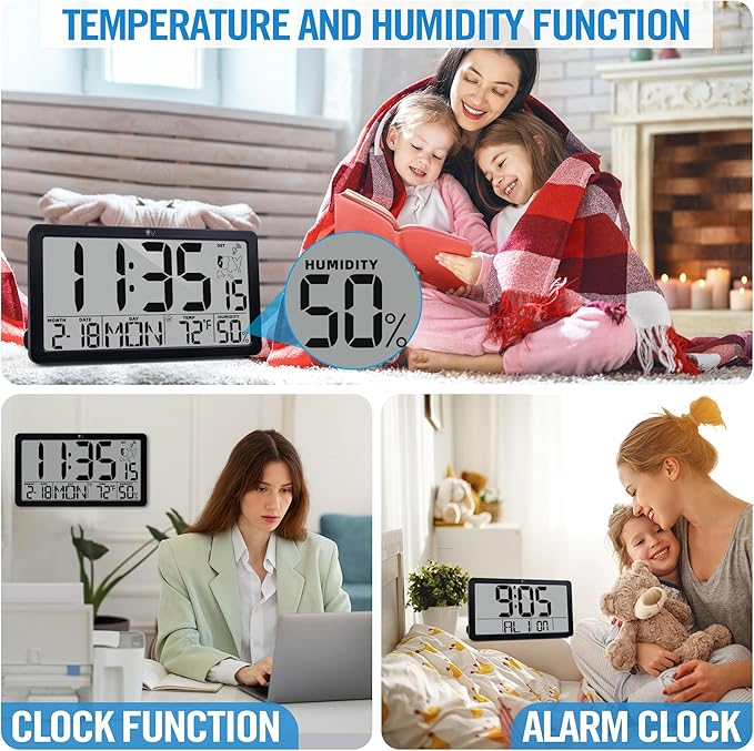 TXL Atomic Digital Wall Clock, Battery Operated with Temperature & Humidity, Auto DST, Date & Weekday, Easy Set Alarm, for Living Room, Bedroom, Office & Classroom (Black)