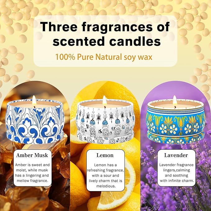 3 Pack Scented Candles Gift Set - Aromatherapy Candle for Home, Portable Hotel Small Candles, Natural Soy Wax Tin Jar for Yoga, Bath, 2.5 Oz Long Lasting Time Gift for Women