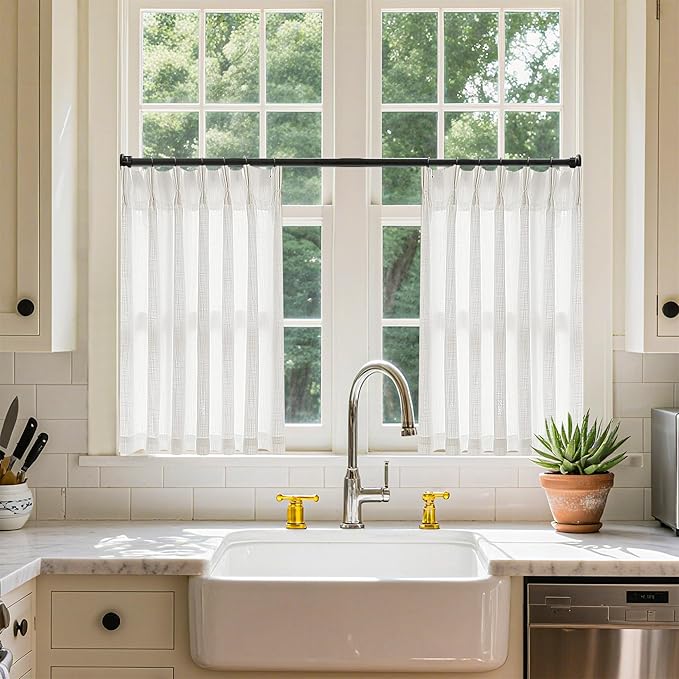 Off White Linen Kitchen Curtain 24 Inch Length 2 Panels Set Pinch Pleat Boho Country Farmhouse Short Cafe Curtains Light Filtering Pleated Semi Sheer Small Window Treatment Tiers for Basement Camper