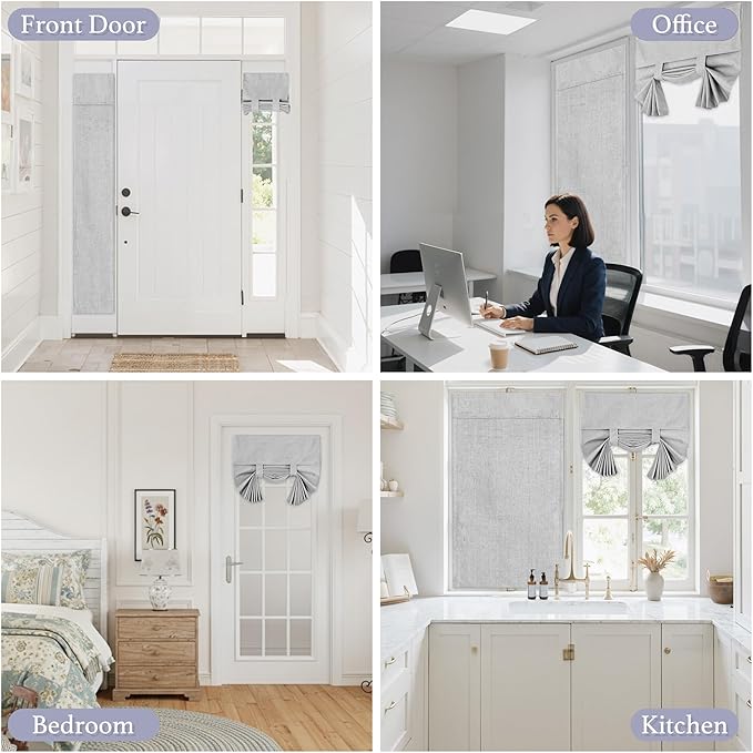 RYB HOME 100% Blackout Tricia Door Curtains, Linen Textured Blend Thermal Insulating Privacy French Door Window Tie Up Shades Sidelight Curtains for Kitchen, W 26 x L 72 inches, Light Grey, 1 Panel