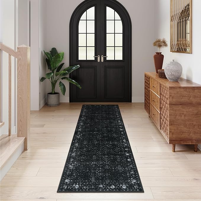 Hedlive Vintage Black Kitchen Runner Rug, 2x6 Washable Runners for Hallways Non Slip, Ultra-Thin Floor Carpet Runners for Hallway 6 ft Entryway Laundry Bedroom Bathroom(2'x6', Black)