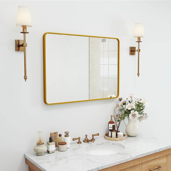 SCWF-GZ 20x30 Rectangle Mirror Full Length Wall Mounted Hanging or Against Wall Metal Frame Dressing Make-up Mirrors for Entryway Bedroom Bathroom Living Room 20 30 inch Gold