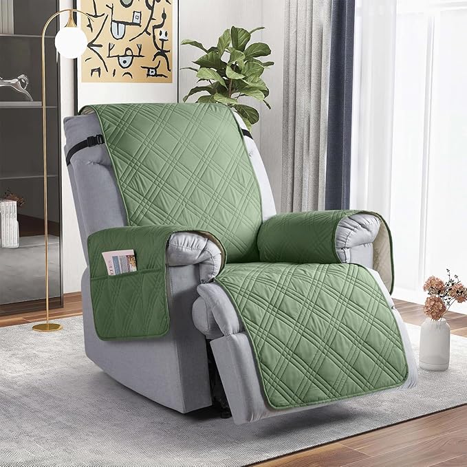 TAOCOCO 100% Waterproof Recliner Chair Covers, Non Slip Recliner Covers for Recliner Chair with Pocket, Washable Reclining Chair Cover Furniture Protector for Kids,Dogs(22'', Bean Green)