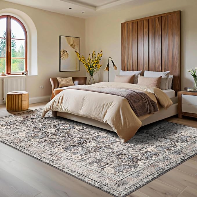 GarveeHome Washable Rugs 5x7 Vintage Floral Area Rugs for Living Room Bedroom, Ultra Soft Retro Accent Carpet, Non Slip Low Pile Floor Mats for Dining Room, Home Office Decor, Beige Brown